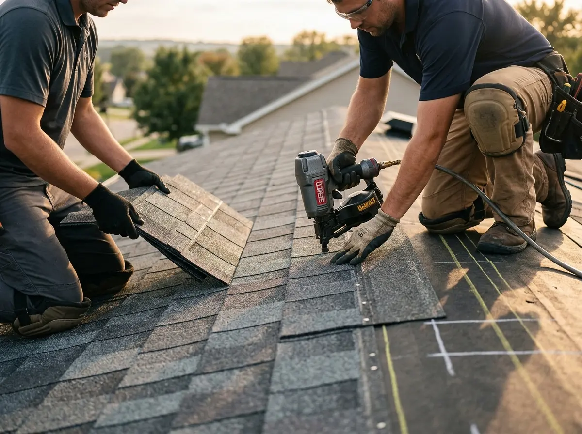 Professional roofer working on a residential roof in El Dorado